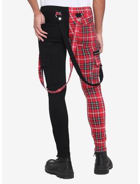 Red Plaid Split Leg Suspender Stinger Jeans, , hi-res