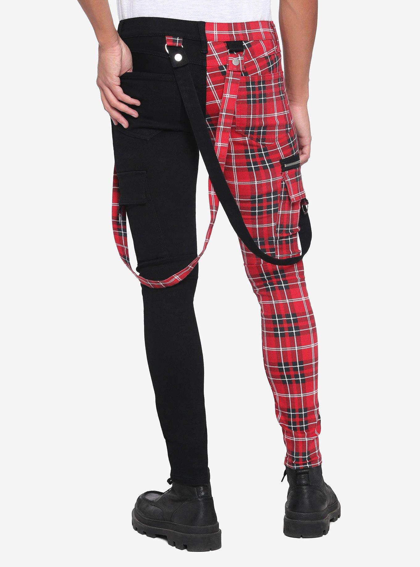 Red Plaid Split Leg Suspender Stinger Jeans, , hi-res