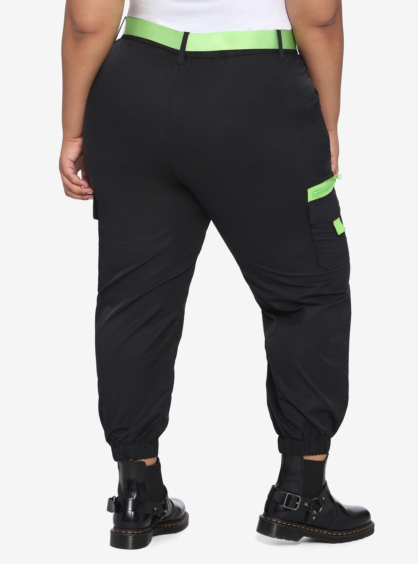 Black & Neon Green Contrast Belted Cargo Jogger Pants Plus Size, BLACK, alternate