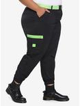 Black & Neon Green Contrast Belted Cargo Jogger Pants Plus Size, BLACK, alternate