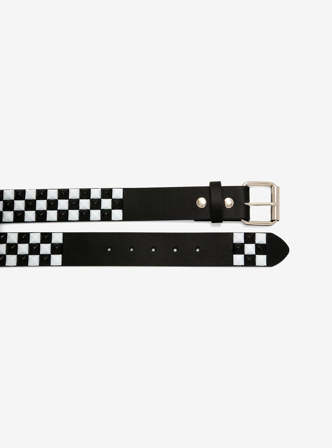 Black & White Checkerboard Pyramid Studded Leather Belt