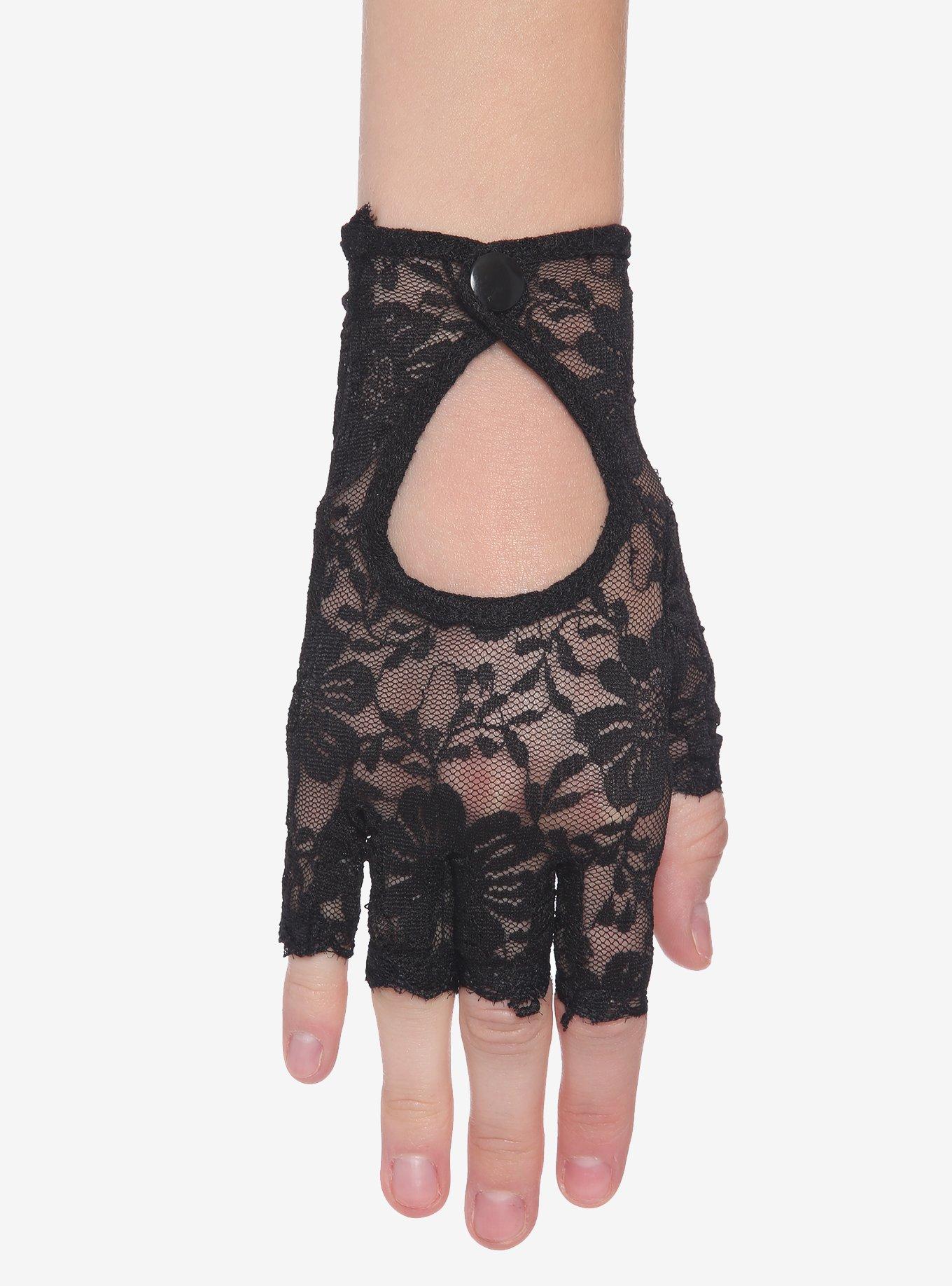 Black Lace Button Fingerless Gloves, , alternate