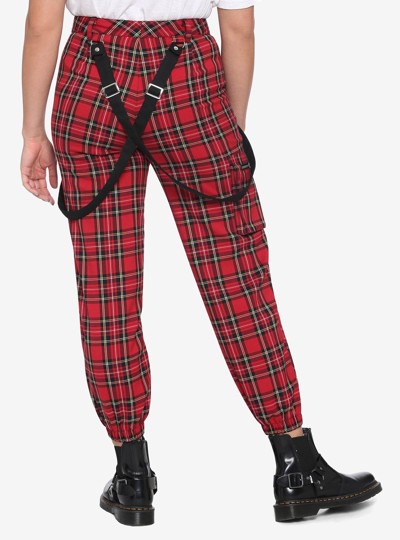 Red Plaid Suspender Jogger Pants, PLAID, alternate