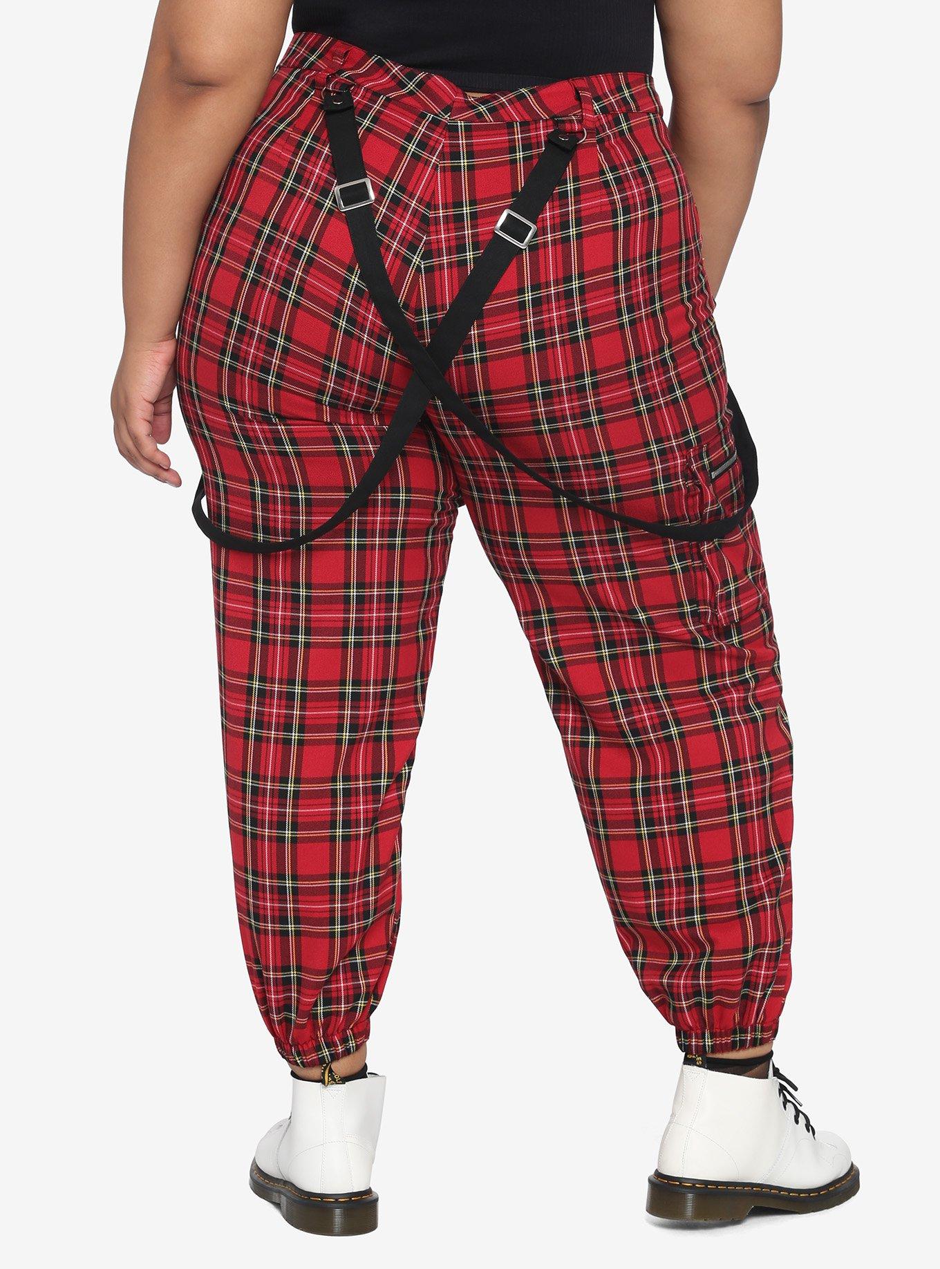 Red Plaid Suspender Jogger Pants Plus Size, PLAID, alternate