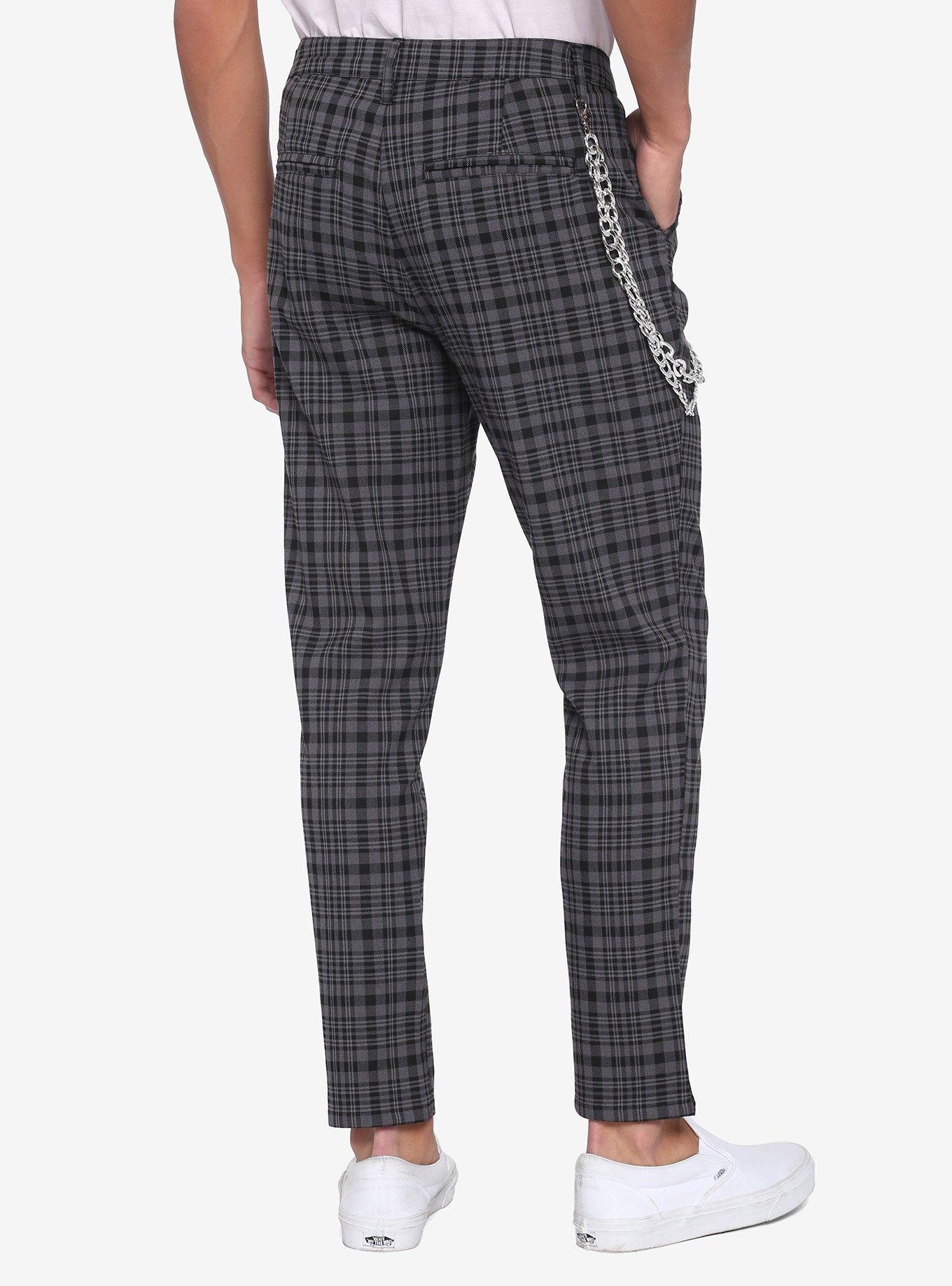 Grey Plaid Slim Fit Pants With Detachable Chain, PLAID, alternate