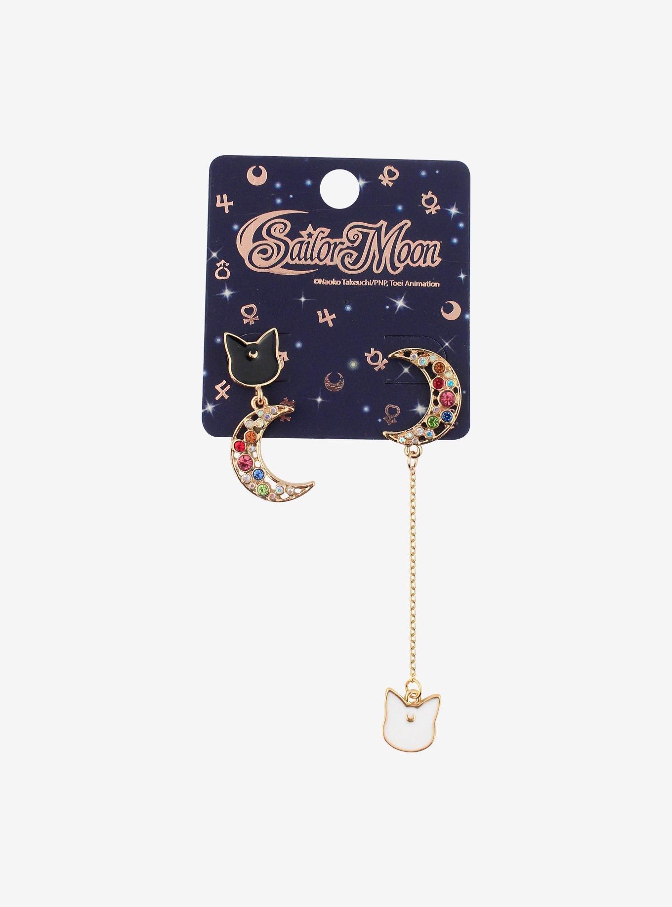 Sailor Moon Luna & Artemis Multicolor CZ Mismatch Drop Earrings, , alternate