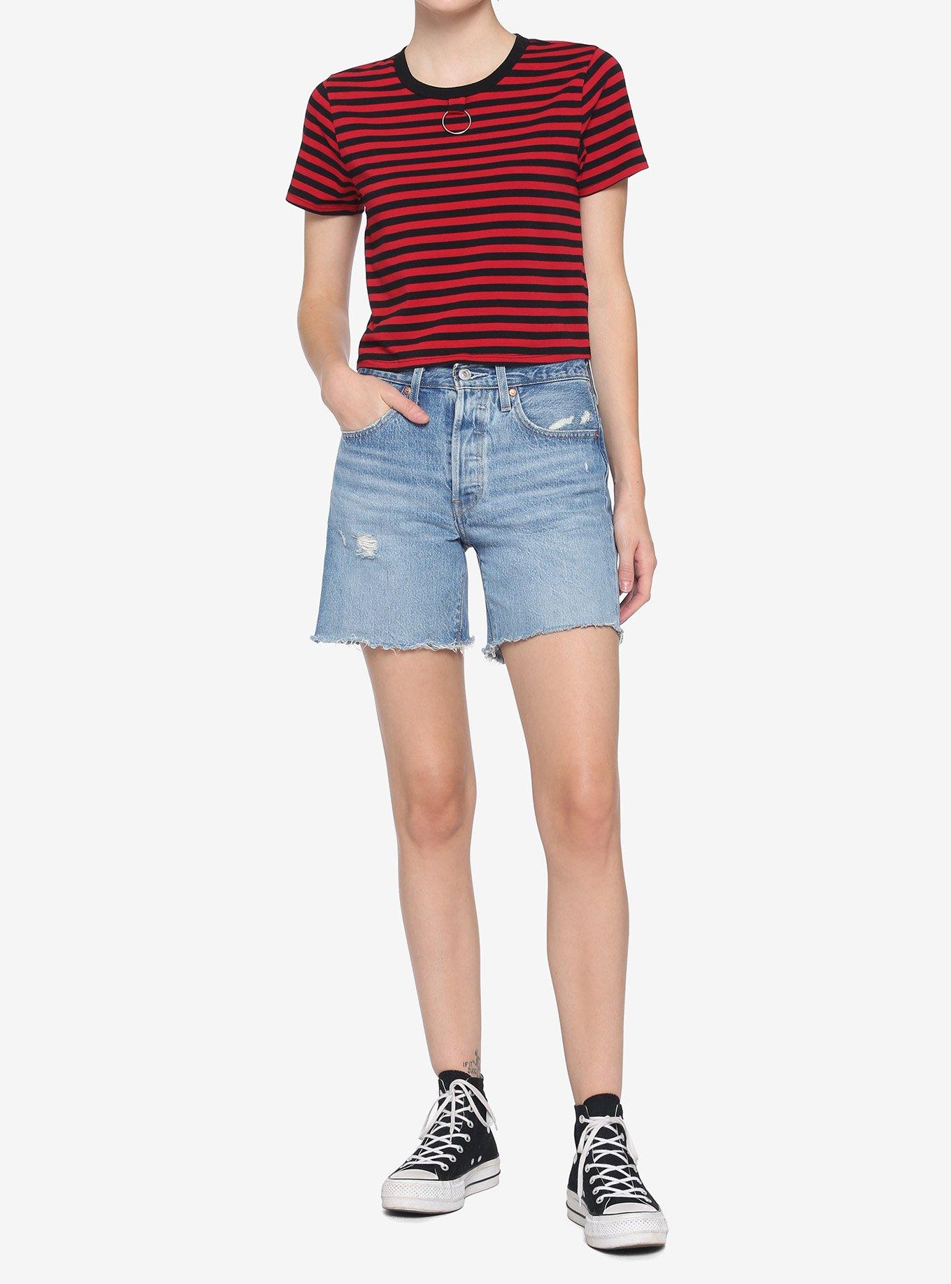 Red & Black Stripe O-Ring Girls Crop T-Shirt, STRIPE - RED, alternate