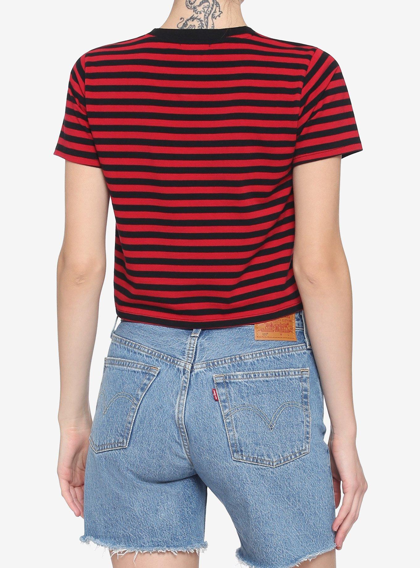 Red & Black Stripe O-Ring Girls Crop T-Shirt, STRIPE - RED, alternate
