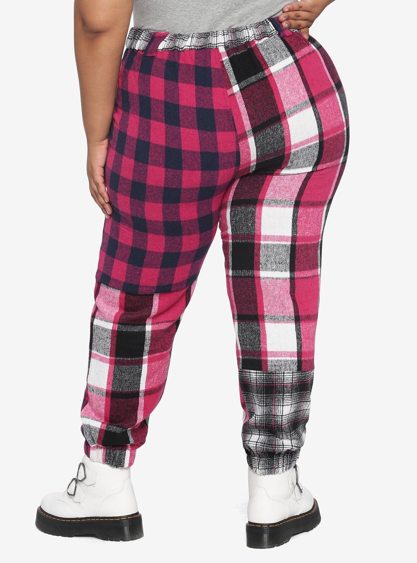 Pink Plaid Patchwork Jogger Pants Plus Size, MULTI, alternate