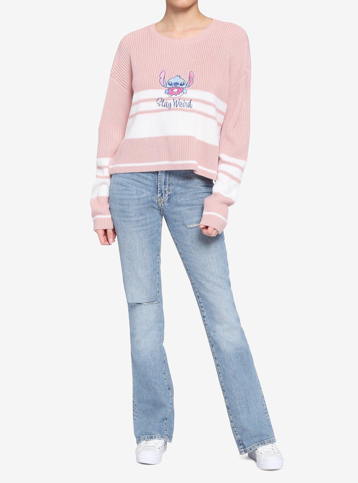 Disney Stitch Stay Weird Embroidered Stripe Girls Knit Sweater, MULTI, alternate