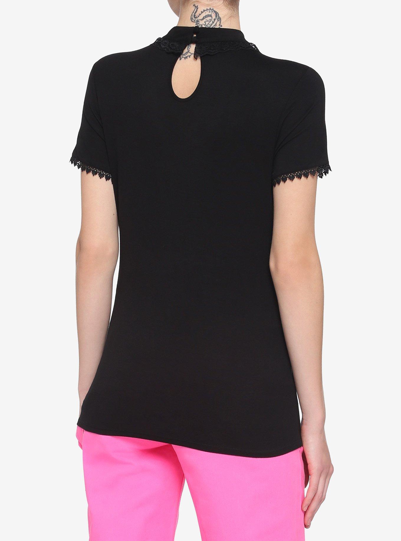 Black Mesh Yoke O-Ring Lace Neck Girls Crop Top, BLACK, alternate