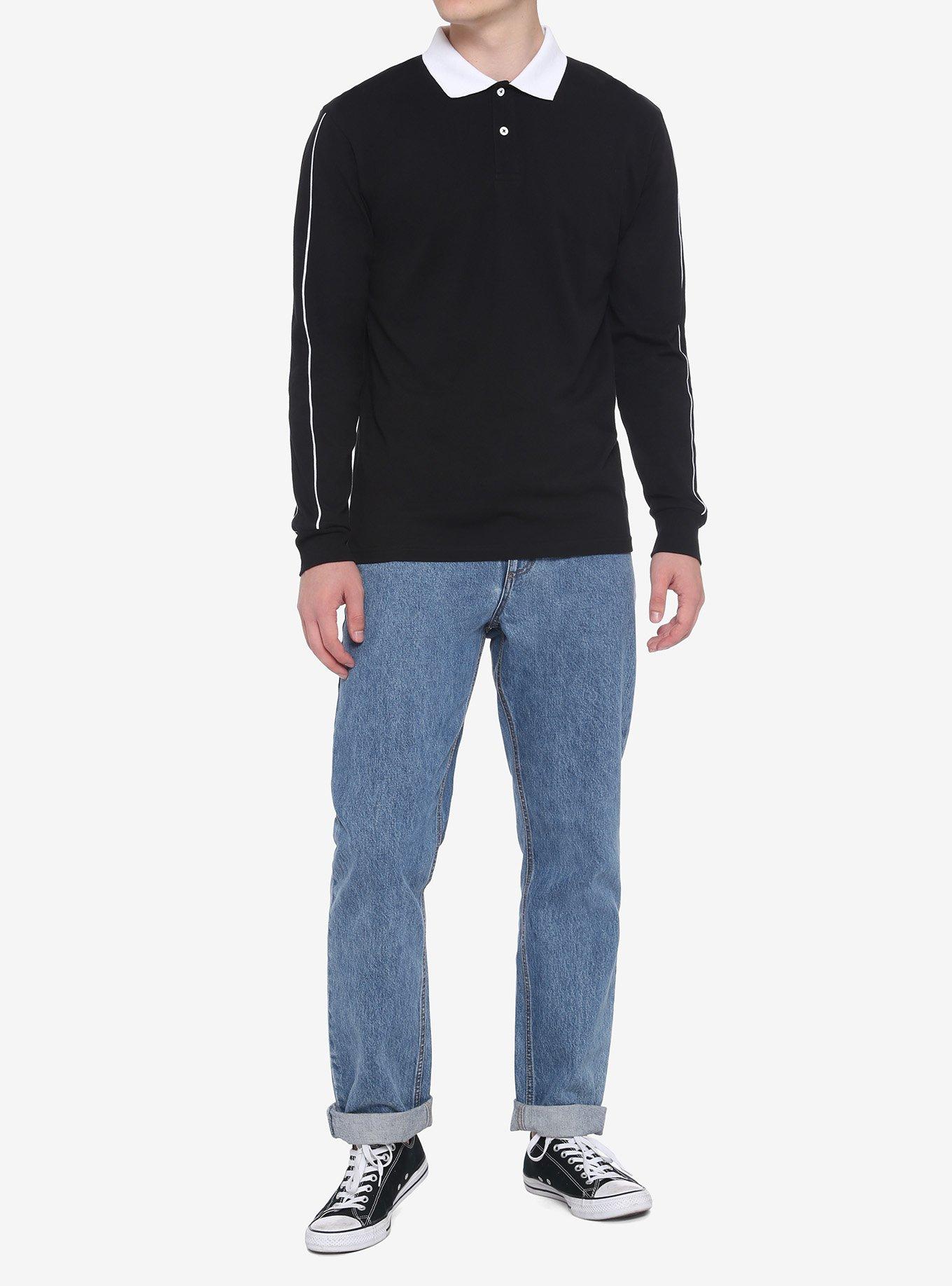 Black White Collar Piping Long-Sleeve Shirt, BLACK, alternate