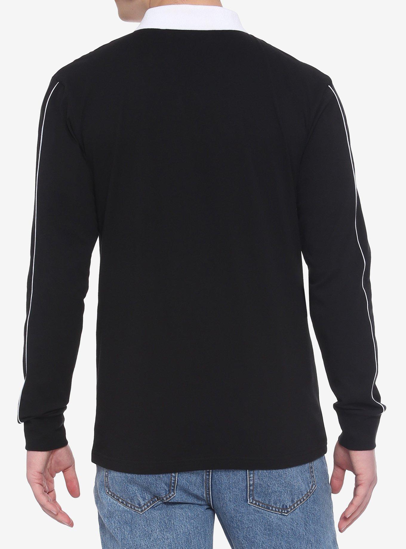Black White Collar Piping Long-Sleeve Shirt, BLACK, alternate