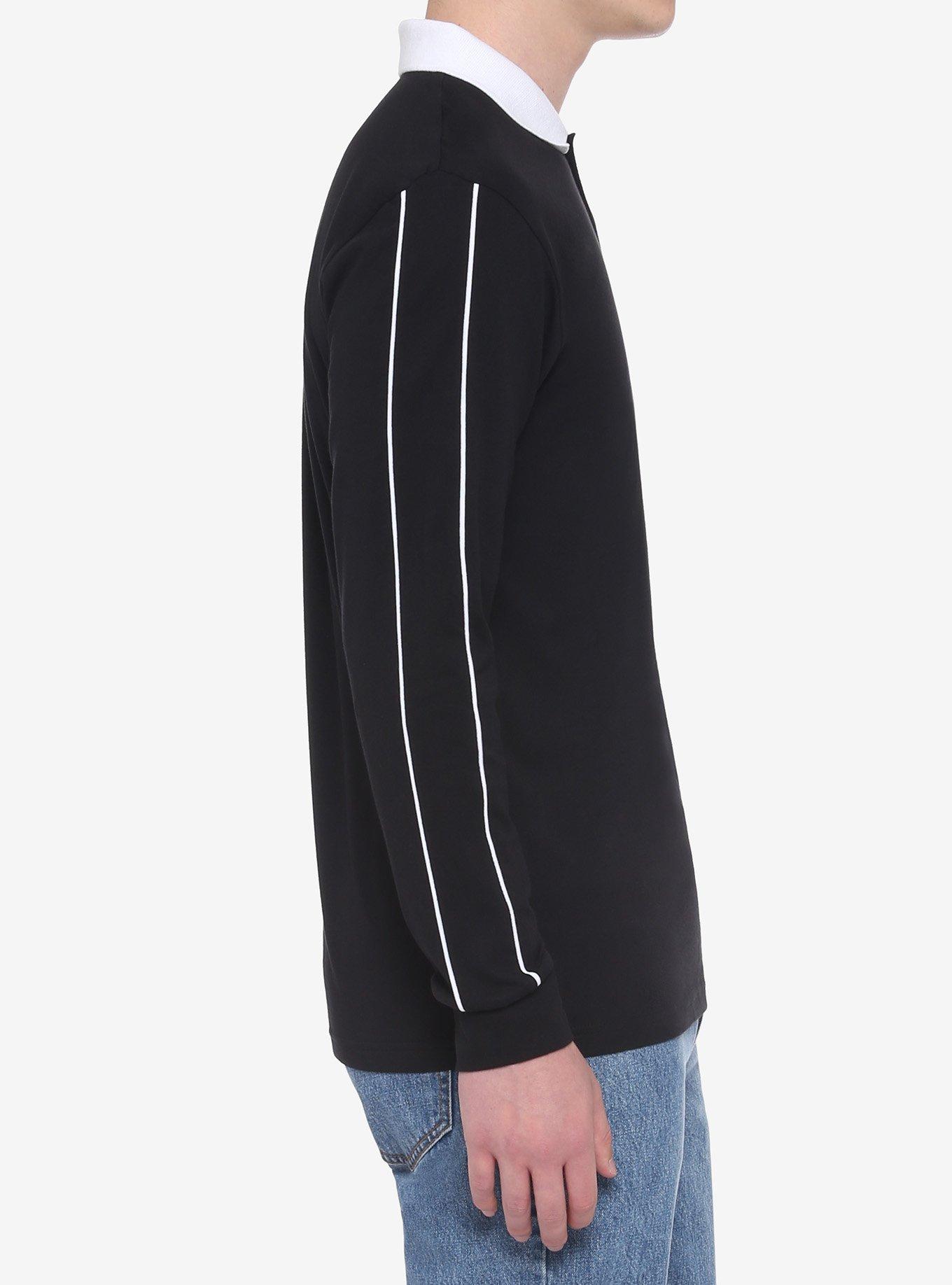Black White Collar Piping Long-Sleeve Shirt, BLACK, alternate