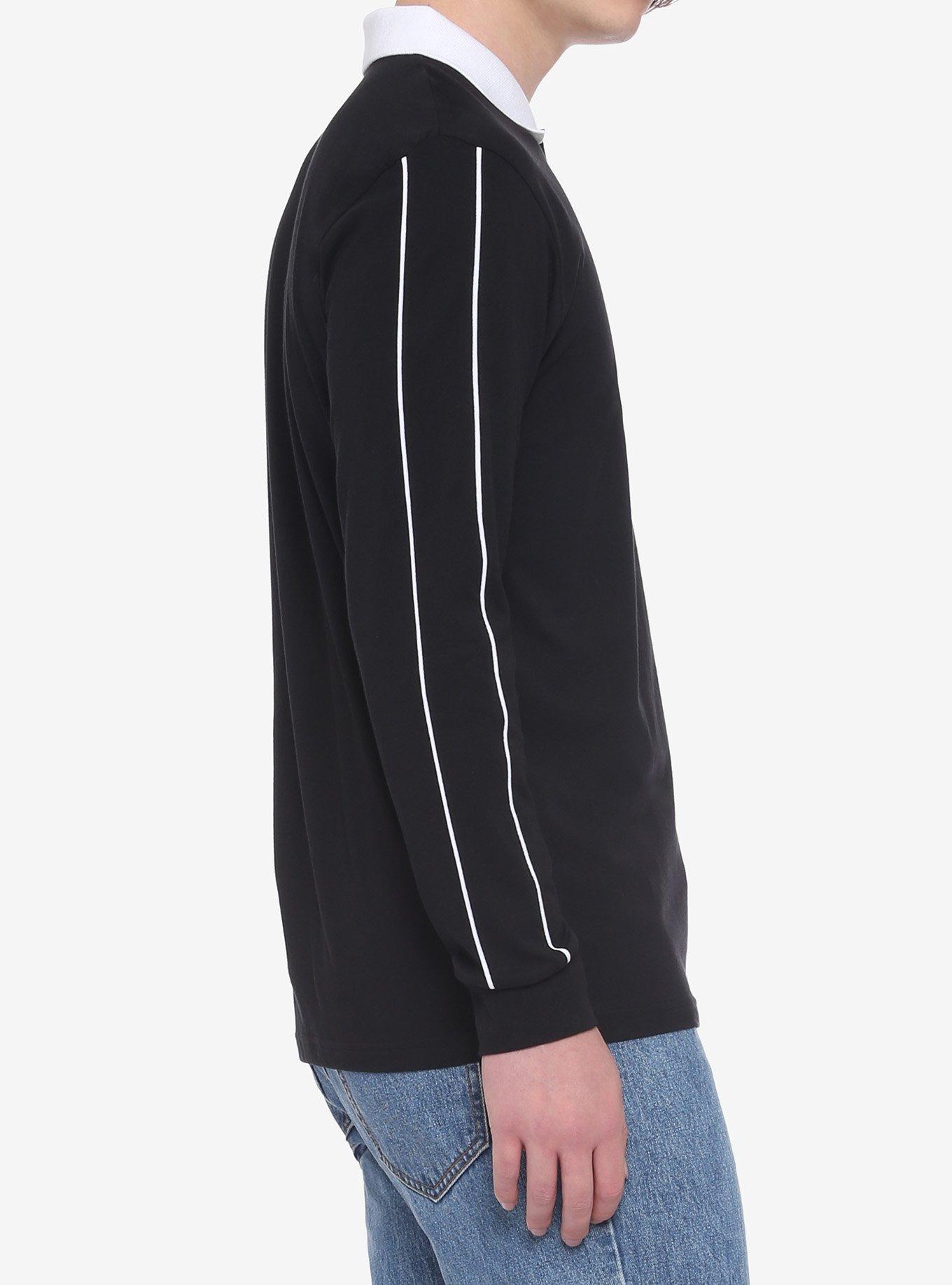 Black White Collar Piping Long-Sleeve Shirt, BLACK, alternate