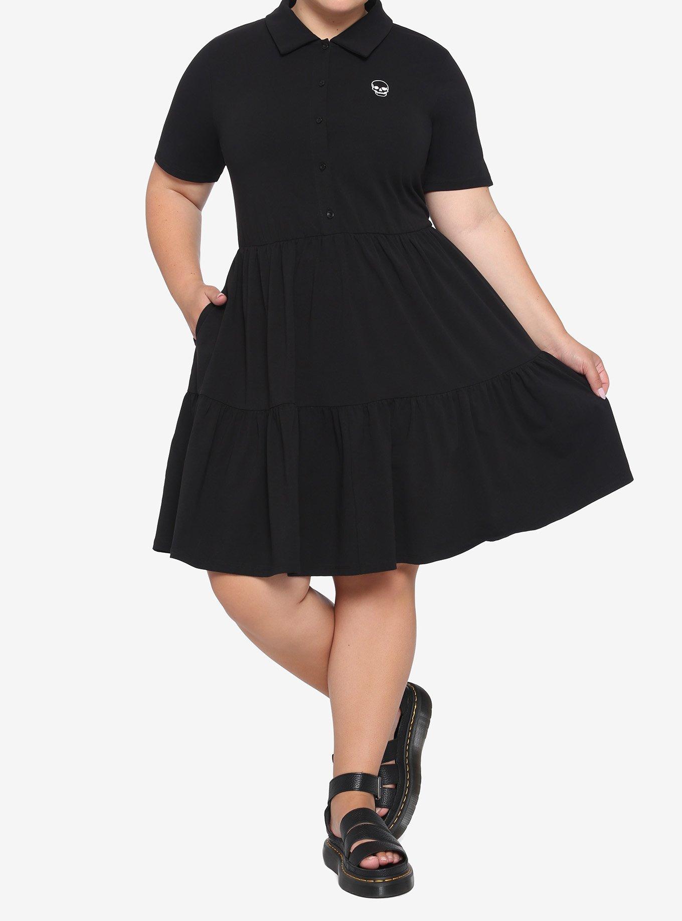 Black Embroidered Skull Polo Tiered Dress Plus Size, BLACK, alternate