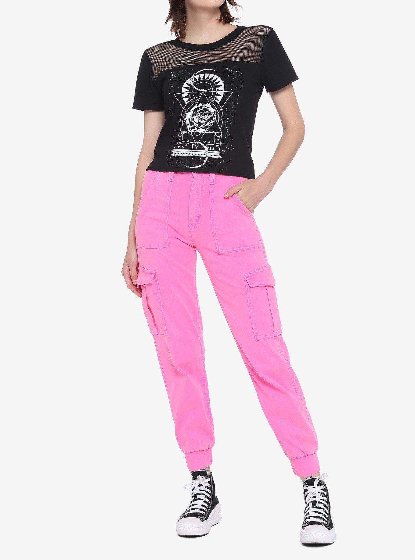 Geometric Rose Mesh Panel Girls Crop T-Shirt, BLACK, alternate
