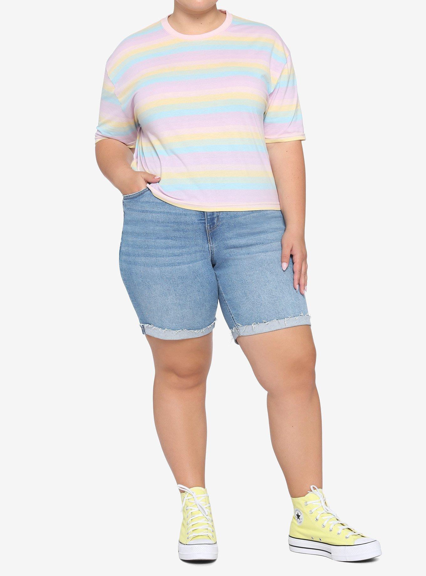 Pastel Rainbow Stripe Boxy Girls Crop T-Shirt Plus Size, STRIPES, alternate