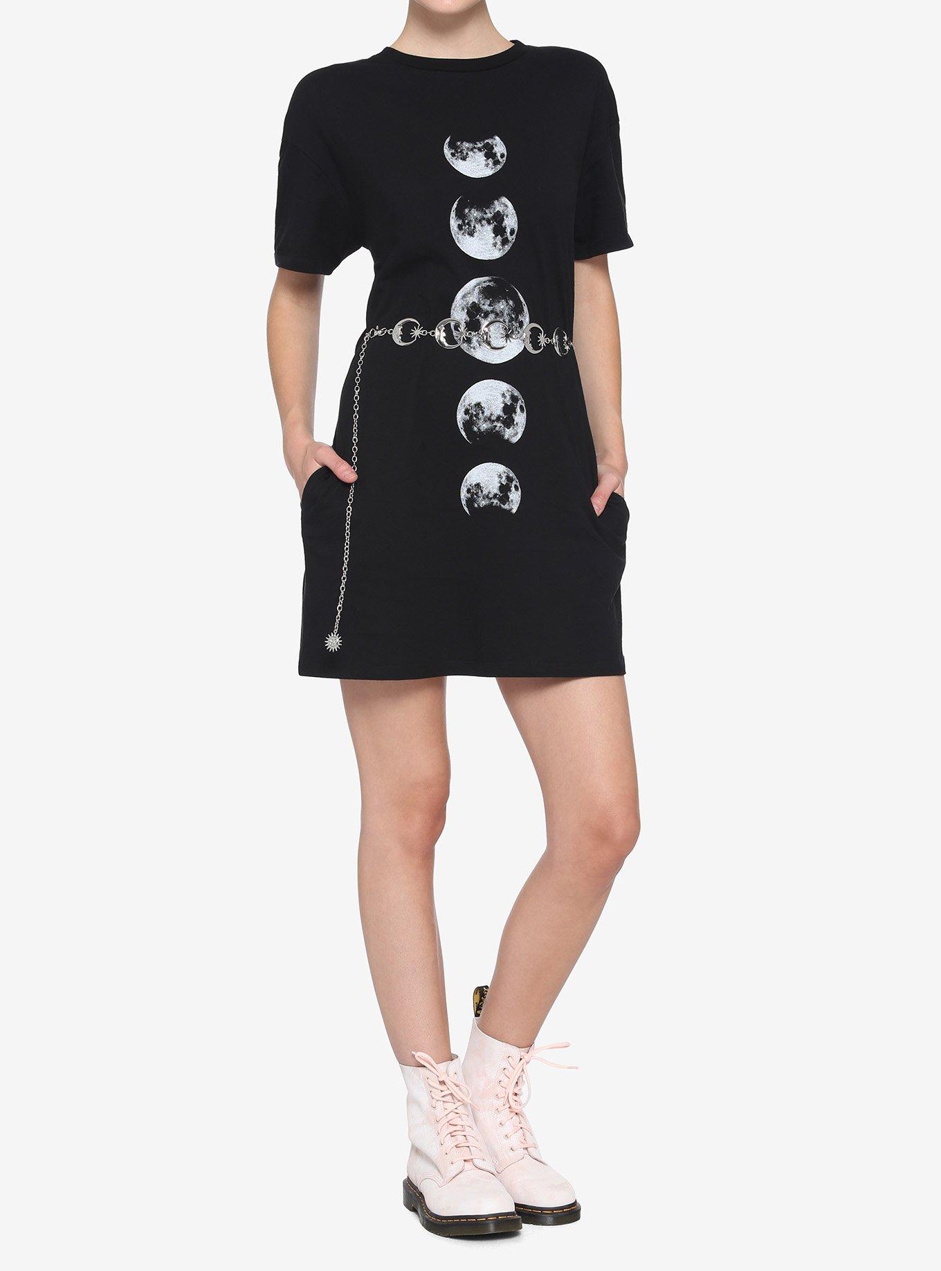 Moon Phases Belted Black T-Shirt Dress, BLACK, alternate