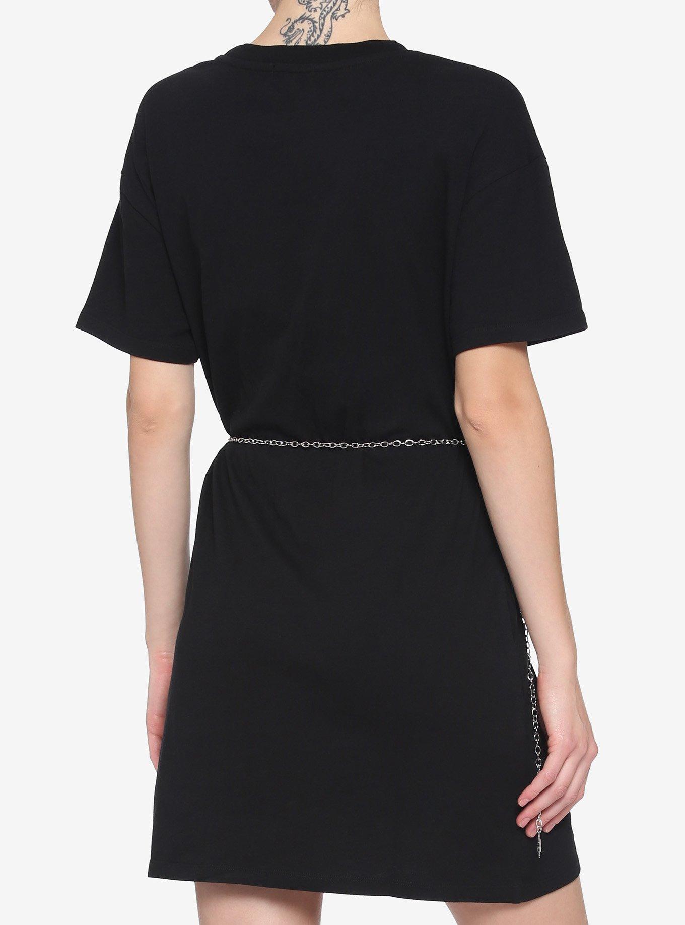 Moon Phases Belted Black T-Shirt Dress, BLACK, alternate