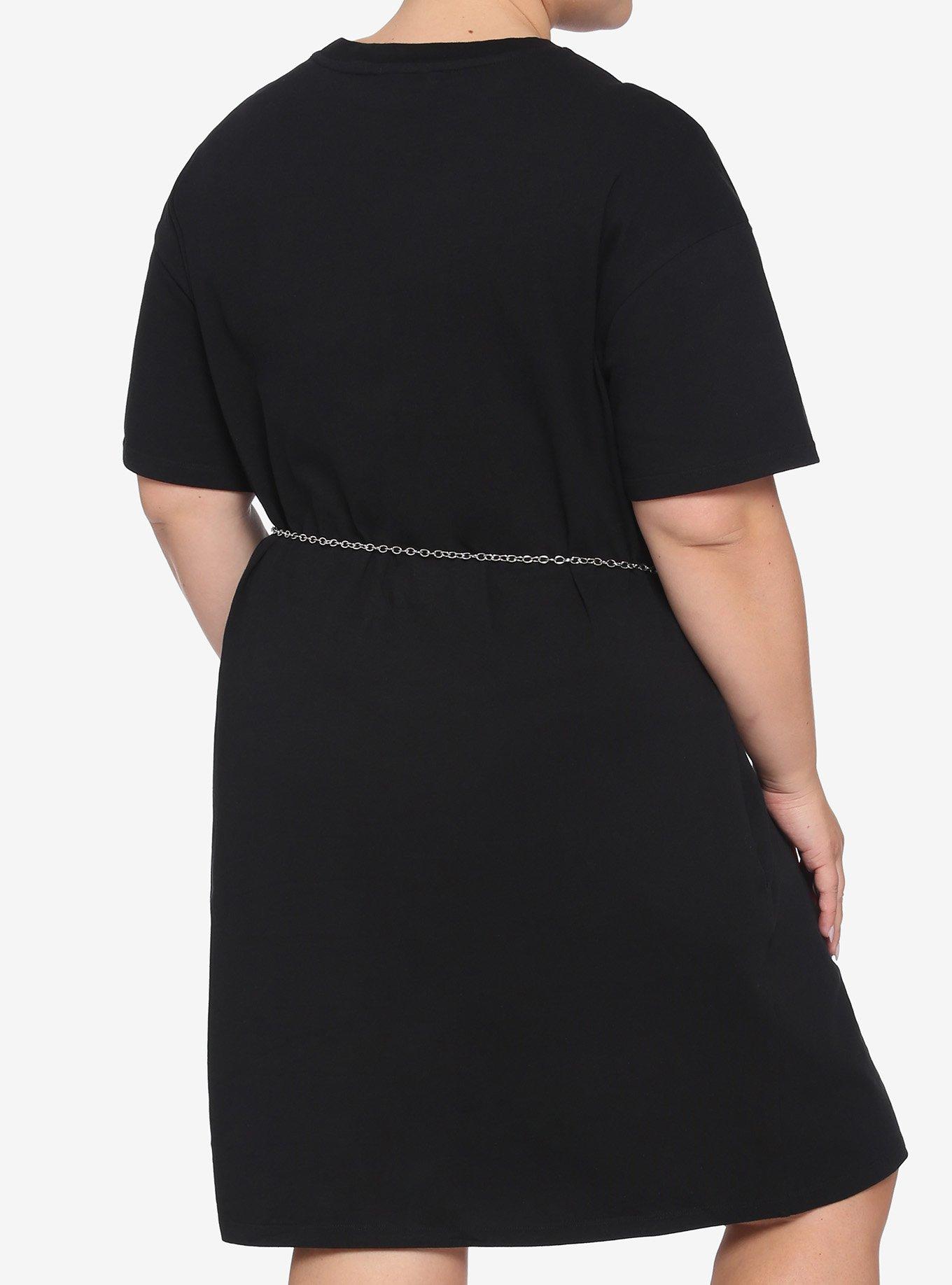 Moon Phases Belted Black T-Shirt Dress Plus Size, BLACK, alternate
