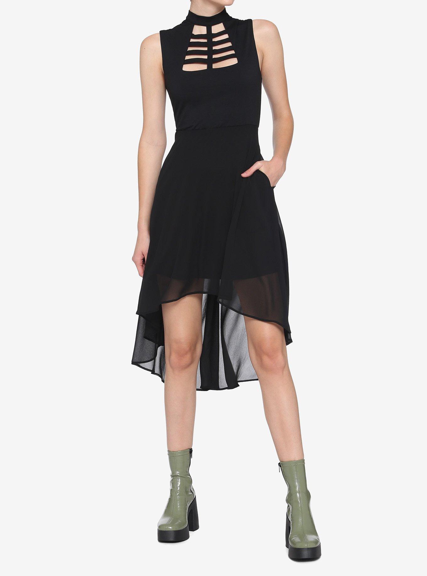 Black Caged Front Hi-Low Dress, BLACK, alternate