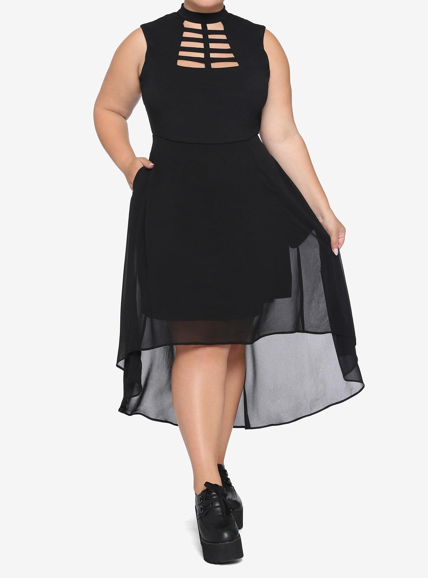 Black Caged Front Hi-Low Dress Plus Size, BLACK, alternate