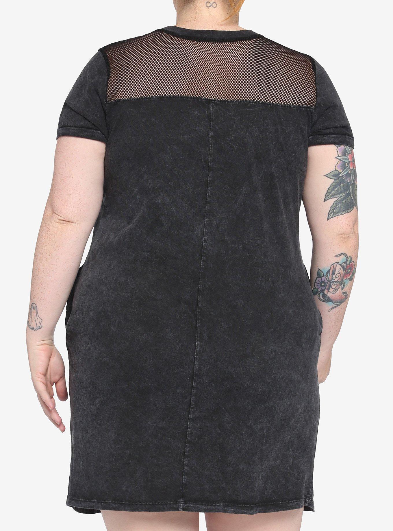 Skull Moth Mineral Wash Mesh T-Shirt Dress Plus Size, BLACK, alternate