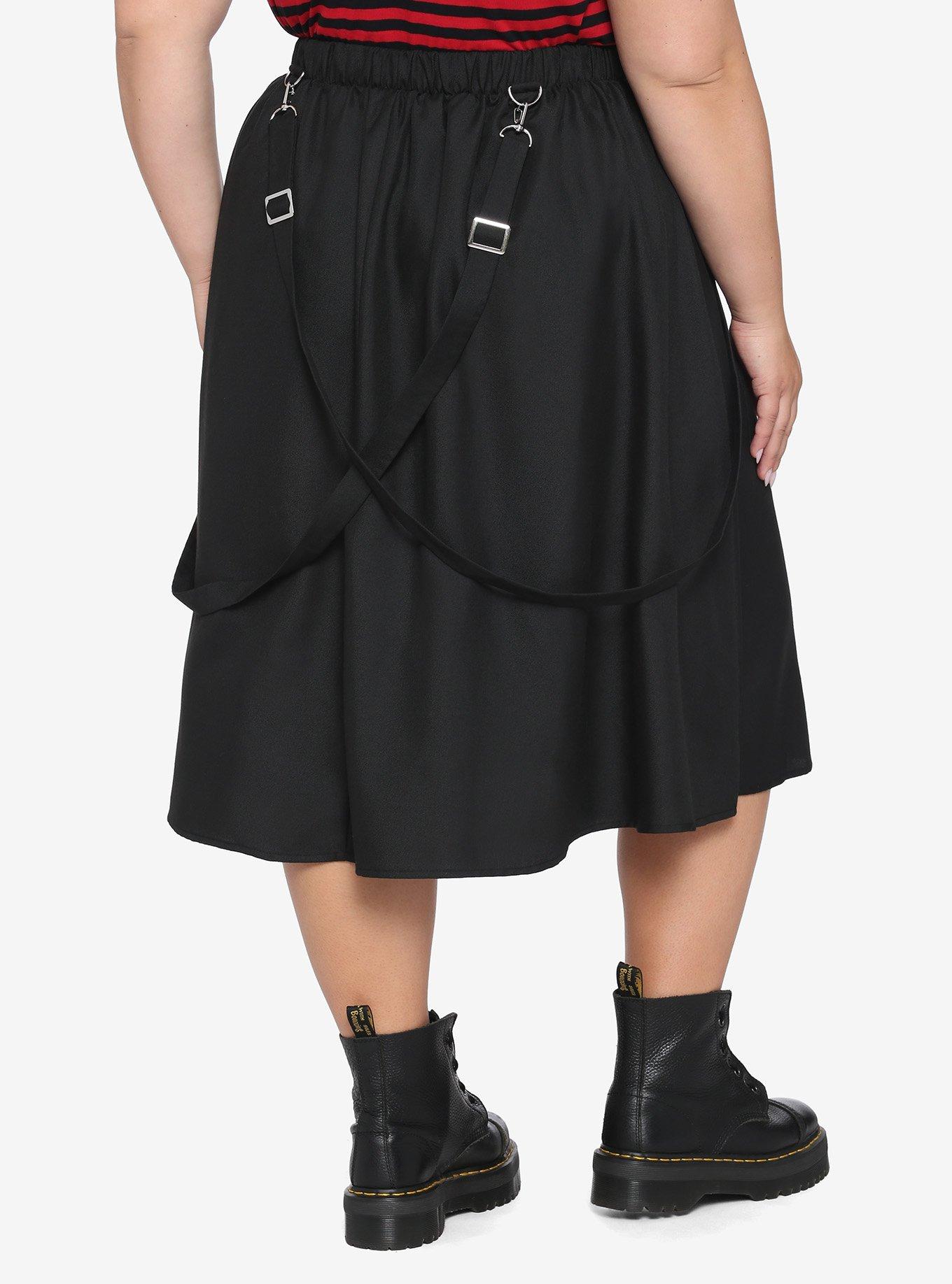 Black Utility Pockets Suspender Midi Skirt Plus Size, BLACK, alternate