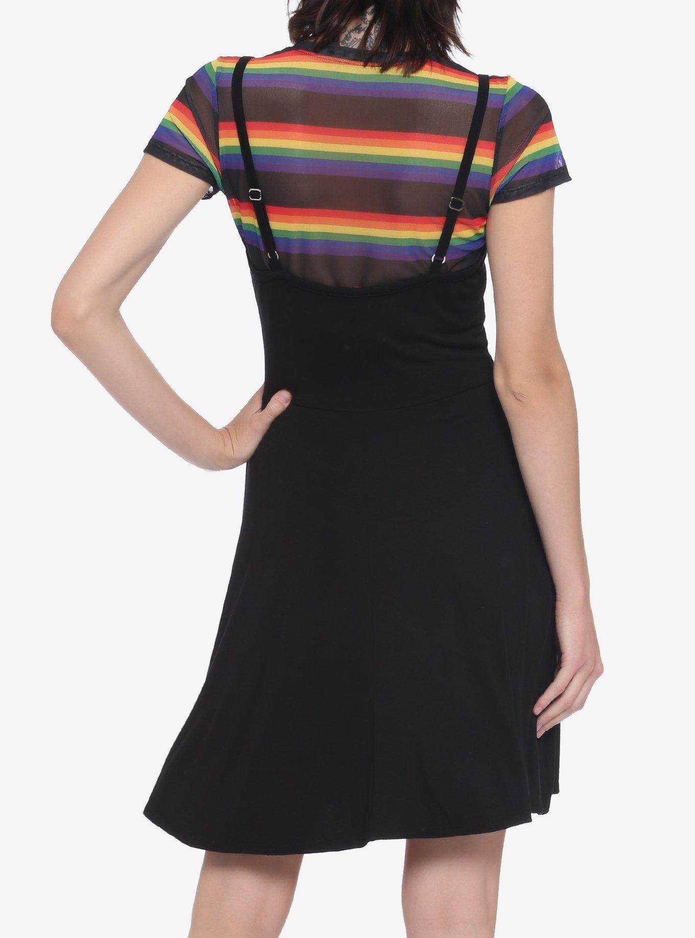 Rainbow Mesh Black Layered Skater Dress 