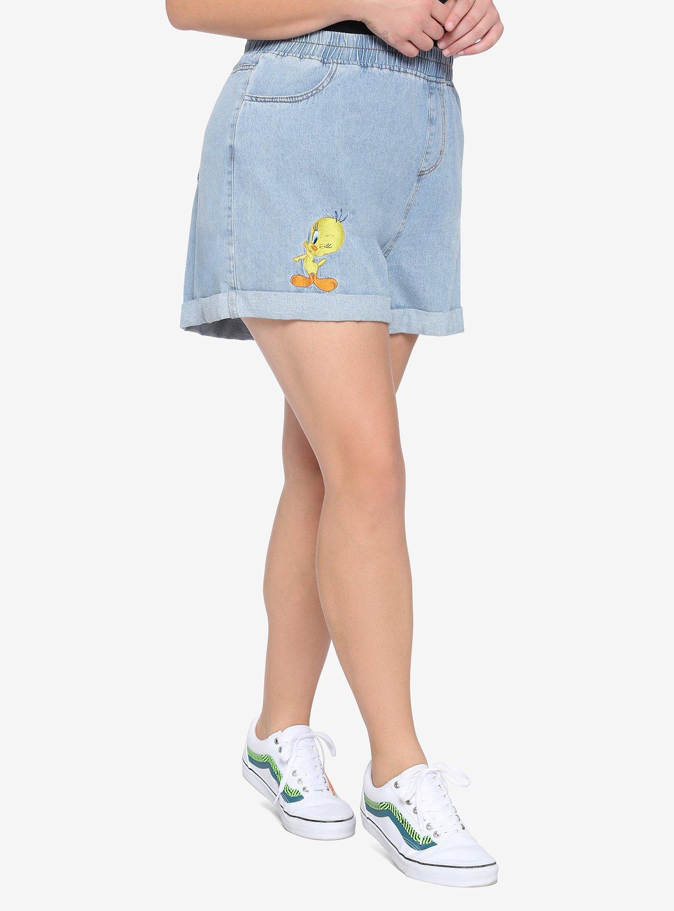 Looney Tunes Tweety & Sylvester High-Waisted Elastic Denim Shorts Plus Size, MULTI, alternate