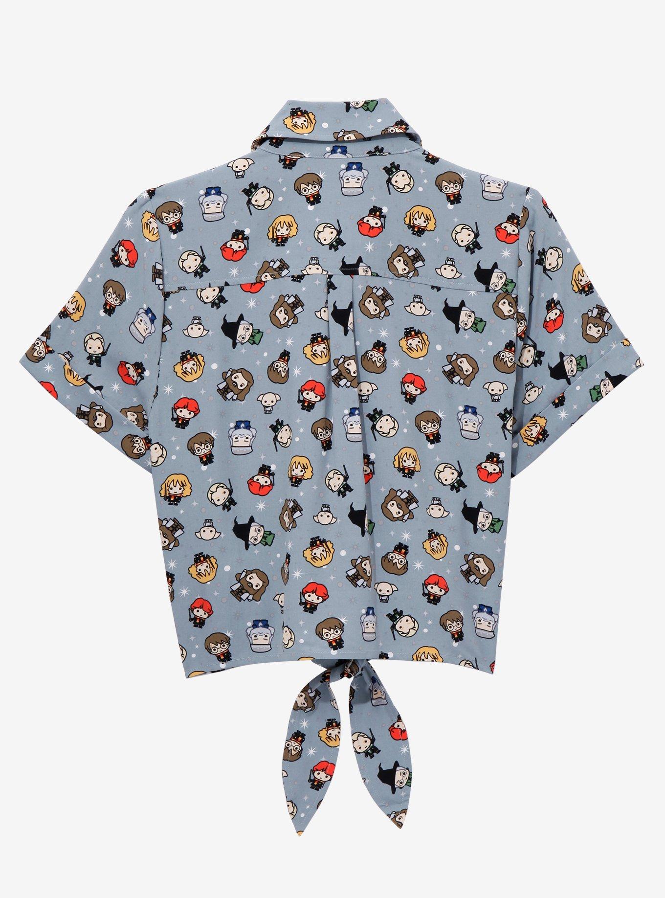 Harry Potter Chibi Characters Women's Tie-Front Woven Top - BoxLunch Exclusive, GREY, alternate
