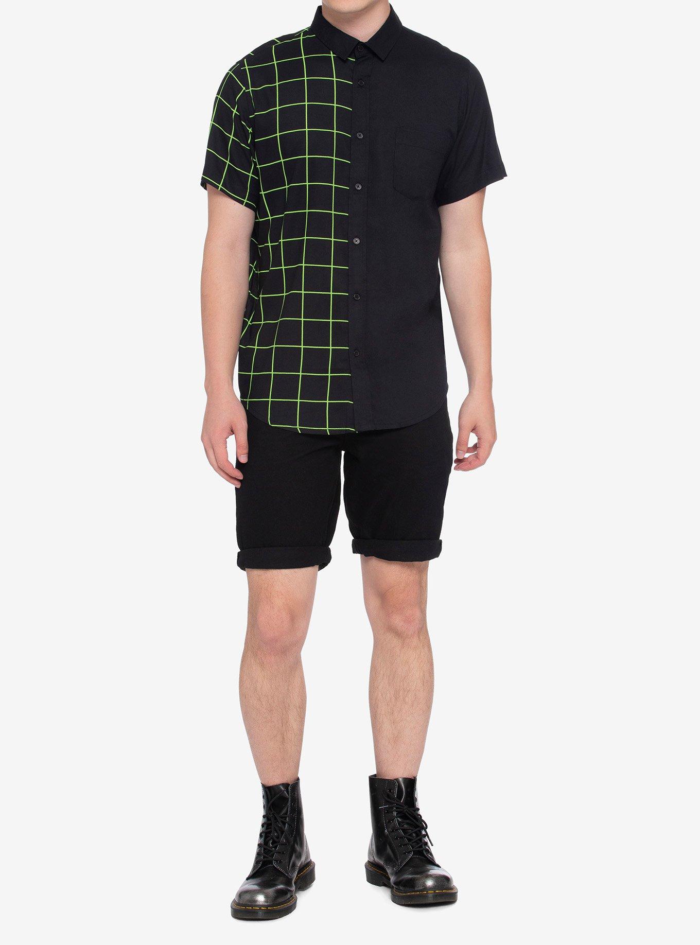 Neon Green & Black Grid Split Woven Button-Up, BLACK, alternate