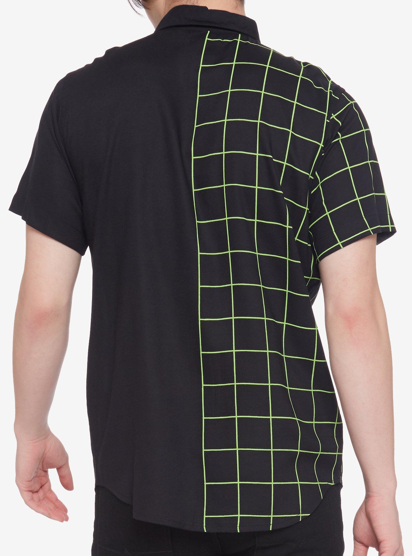 Neon Green & Black Grid Split Woven Button-Up, BLACK, alternate