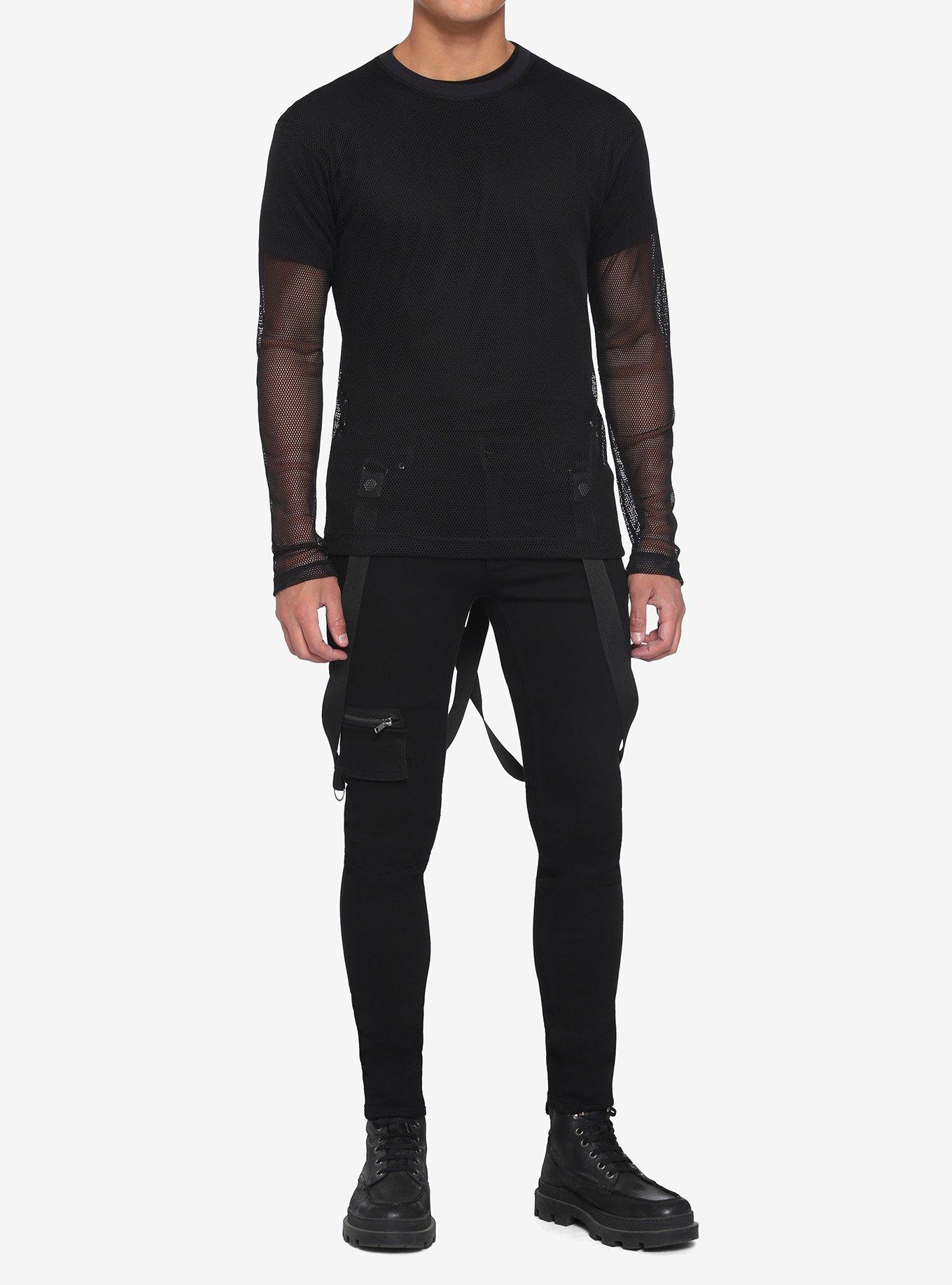 Black Fishnet Long-Sleeve Top, BLACK, alternate