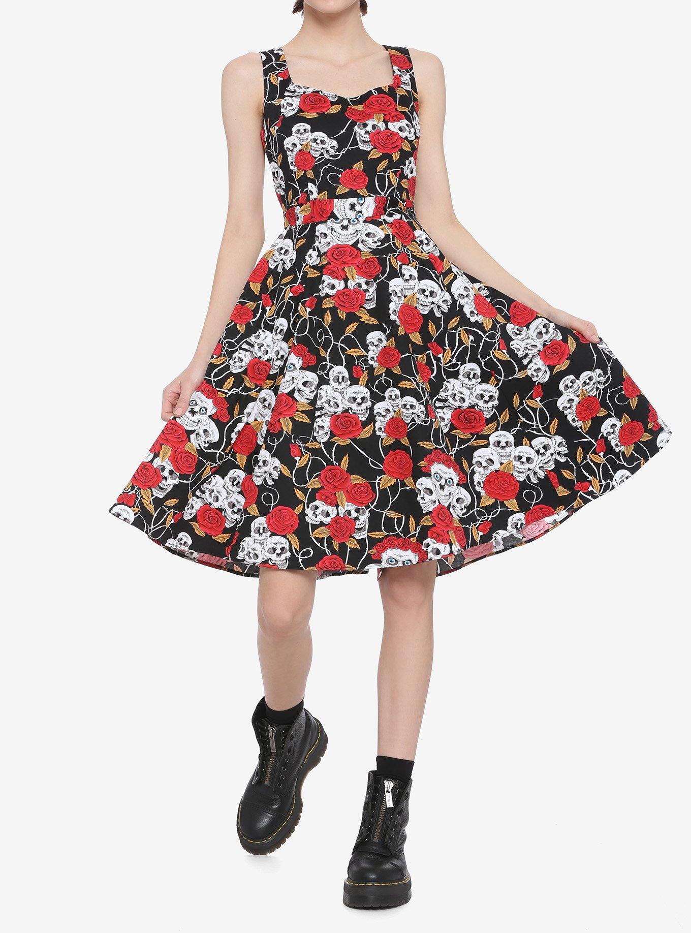 Roses and Skulls Retro Dress, BLACK, alternate