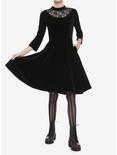 Lace Neck Velvet Long-Sleeve Dress, BLACK, alternate