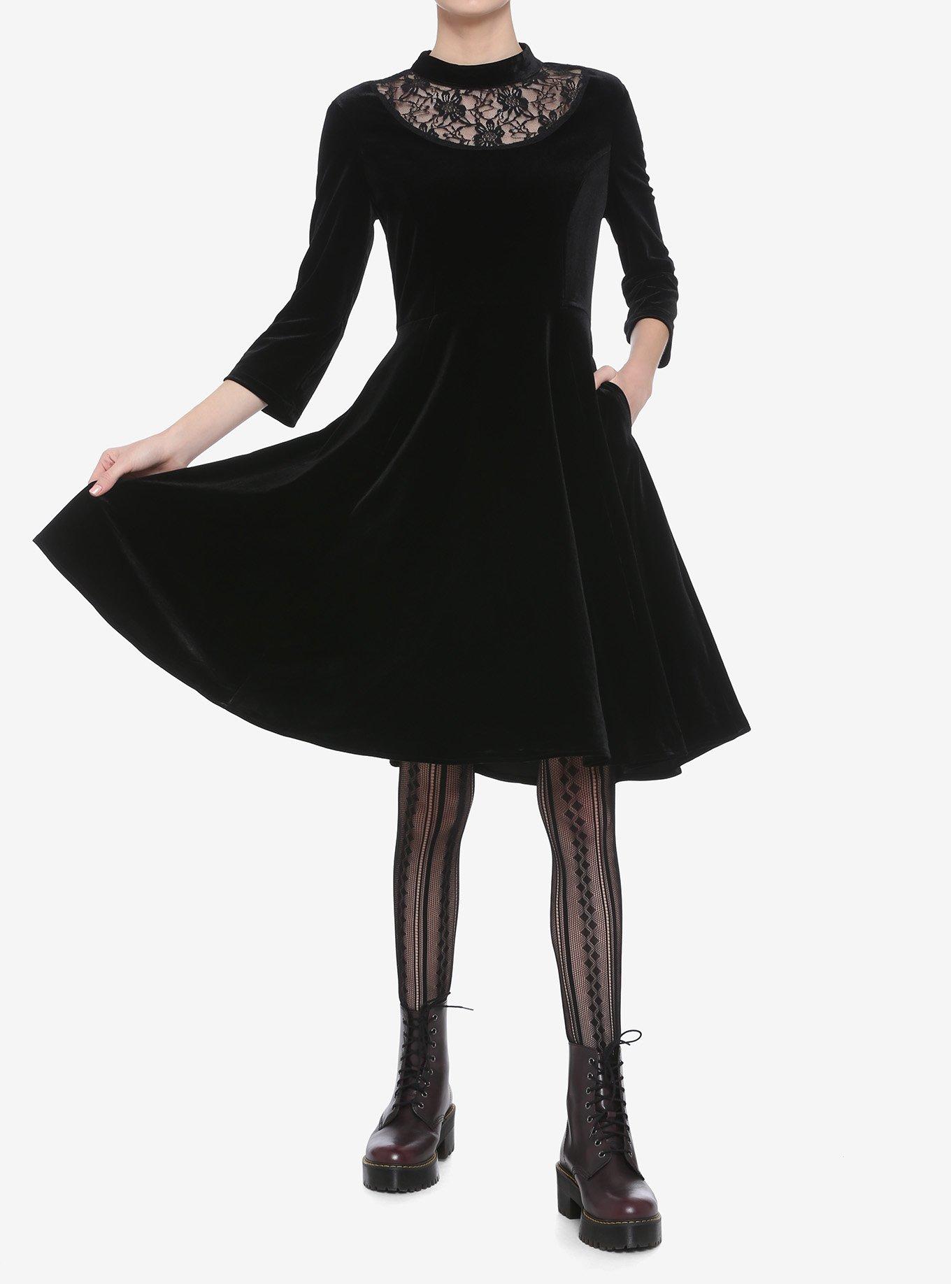 Lace Neck Velvet Long-Sleeve Dress, , hi-res