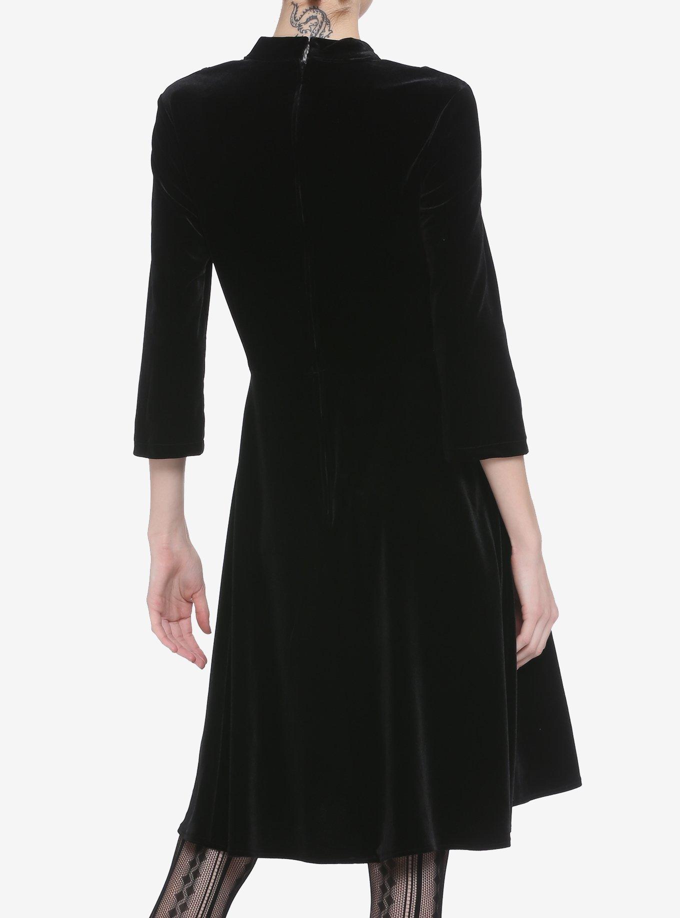 Lace Neck Velvet Long-Sleeve Dress, BLACK, alternate