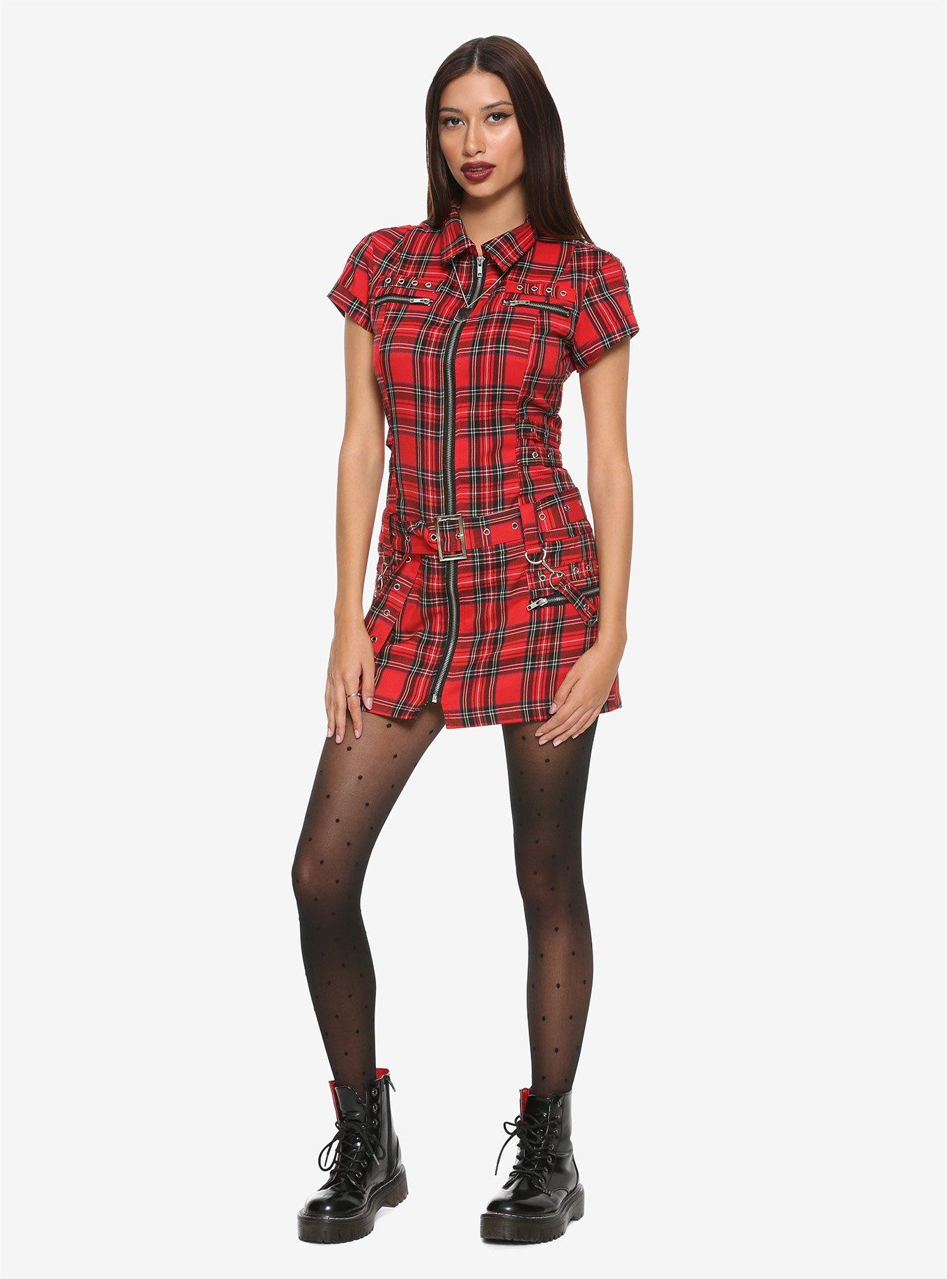 Red Plaid Zipper Bondage Dress, RED, alternate