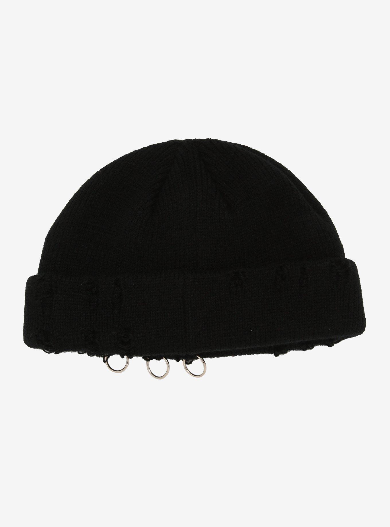Black Hoop Destructed Short Cap Beanie, , alternate