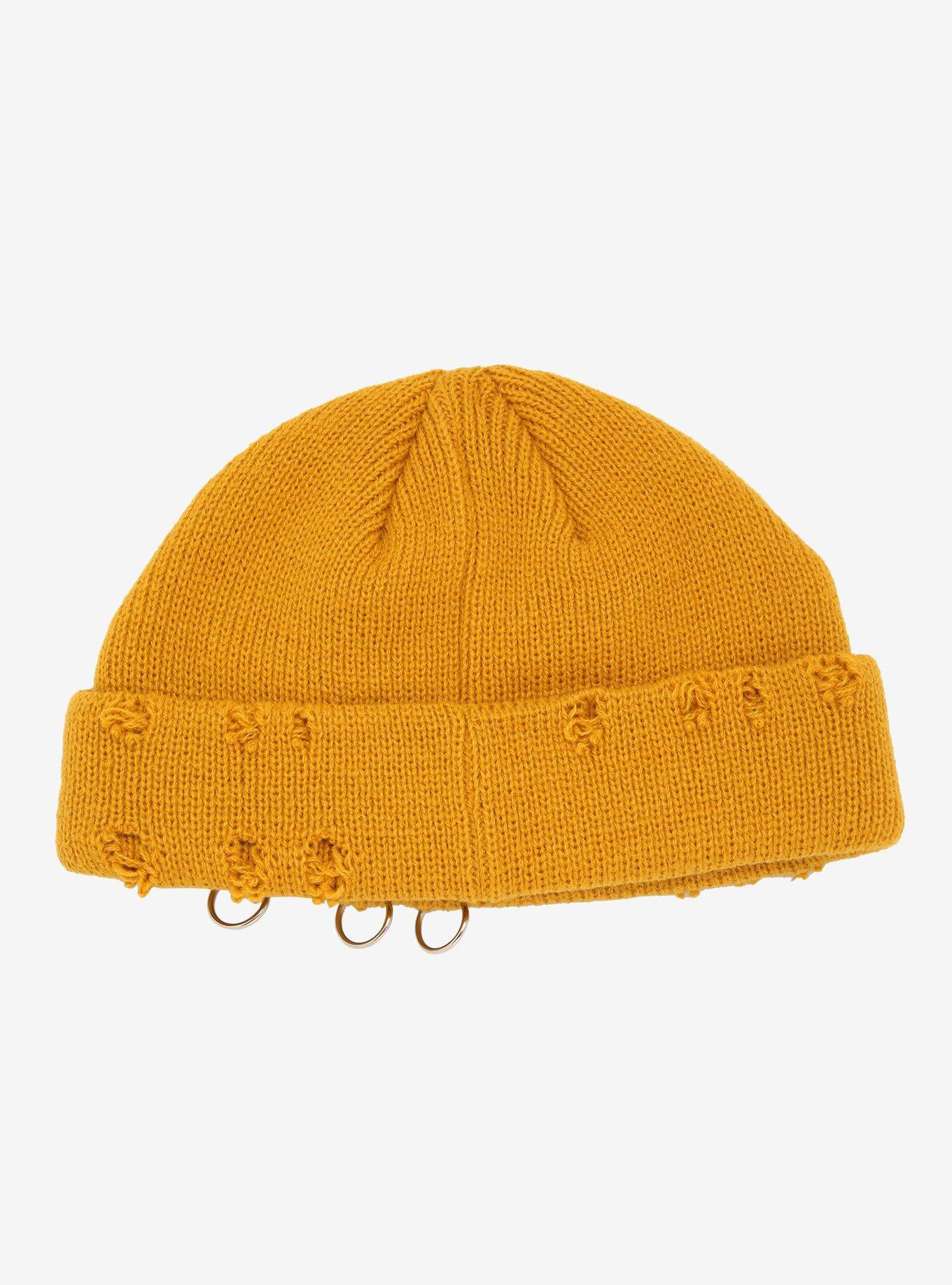 Mustard Yellow Hoop Destructed Short Cap Beanie, , alternate