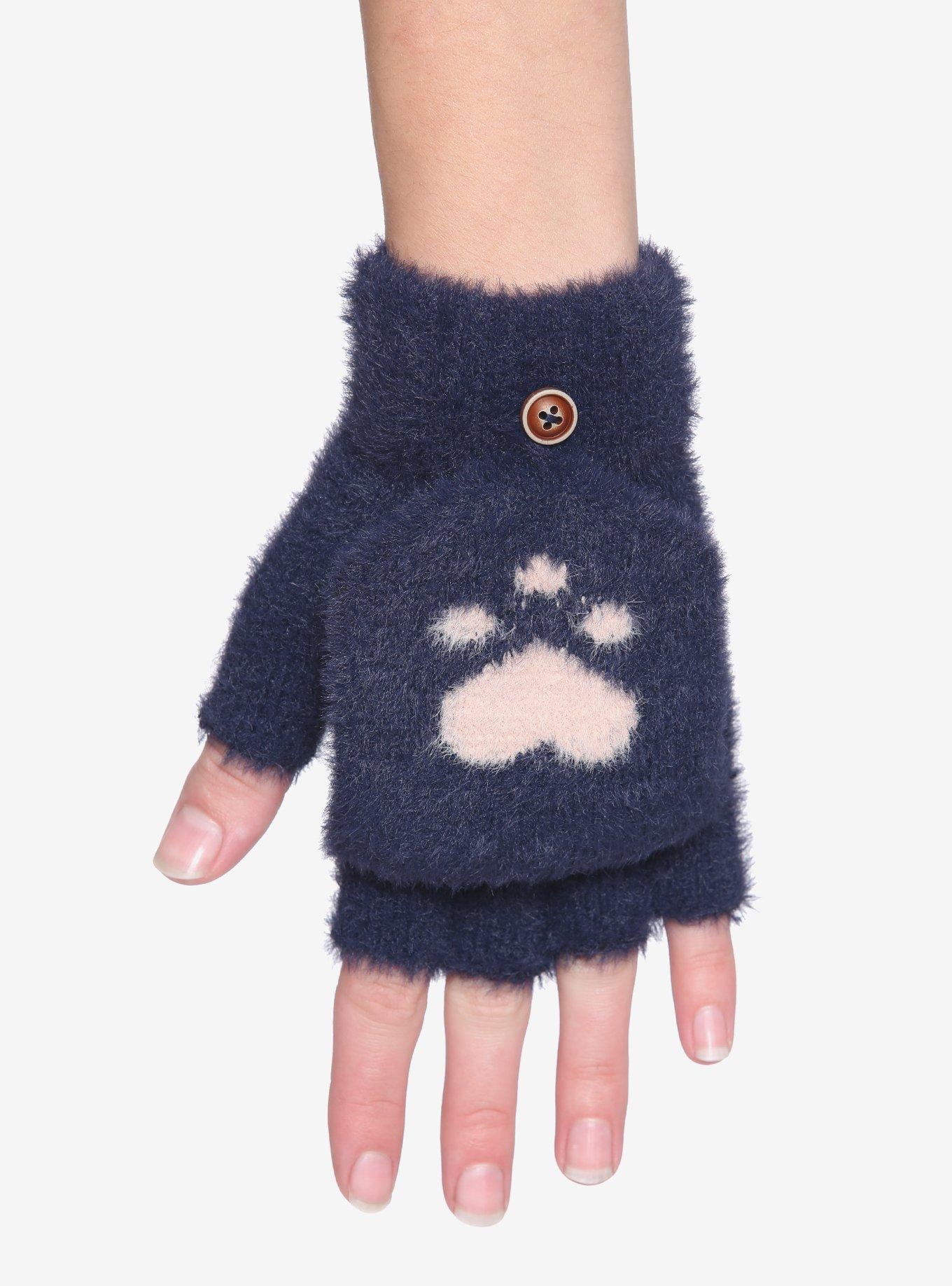 Navy Blue Fuzzy Cat Paw Gloves, , alternate