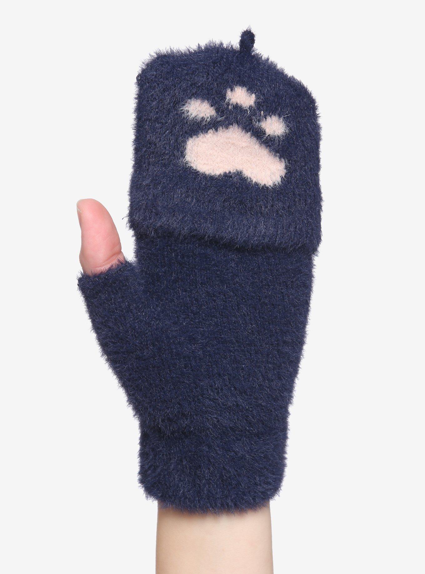 Navy Blue Fuzzy Cat Paw Gloves, , alternate