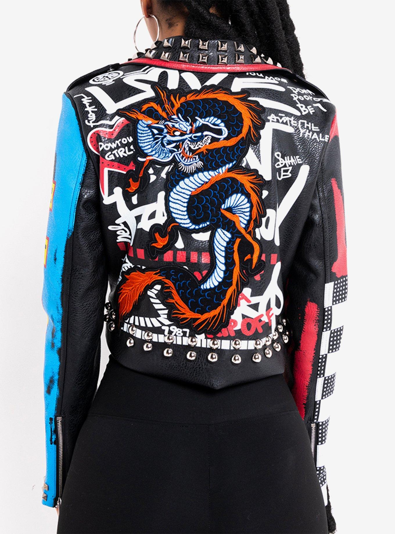 Azalea Wang Dragon Patch Grafiti Moto Jacket, BLACK, alternate