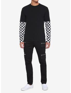 Black & White Checkered Sleeve Twofer Long-Sleeve T-Shirt, , hi-res
