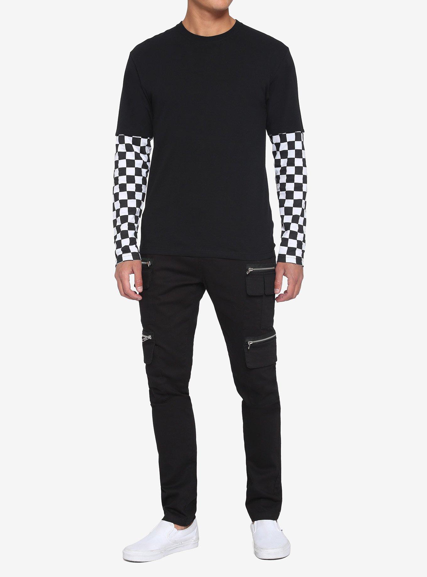 Black & White Checkered Sleeve Twofer Long-Sleeve T-Shirt, BLACK, alternate