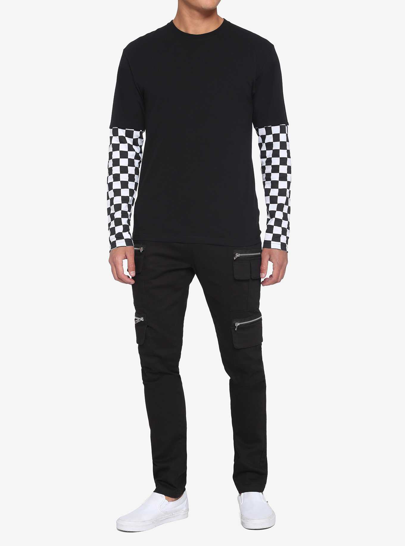 Black & White Checkered Sleeve Twofer Long-Sleeve T-Shirt, , hi-res