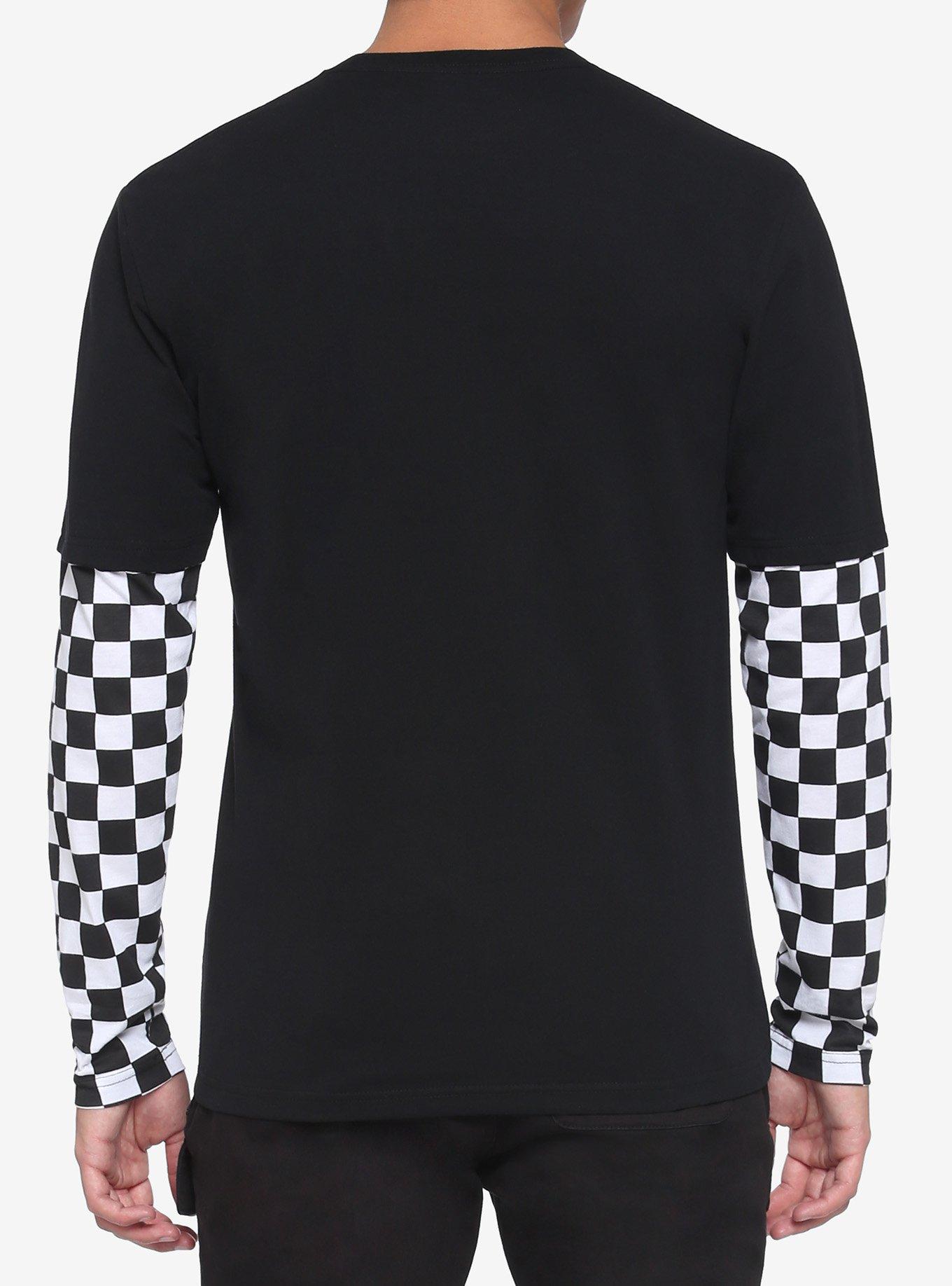 Black & White Checkered Sleeve Twofer Long-Sleeve T-Shirt, BLACK, alternate