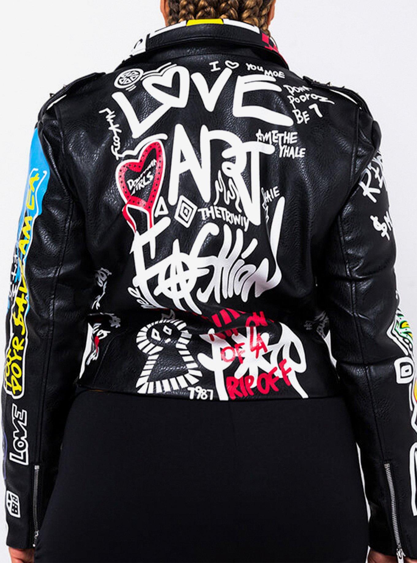 Azalea Wang Make Art Graffiti Moto Jacket Plus Size, BLACK, alternate